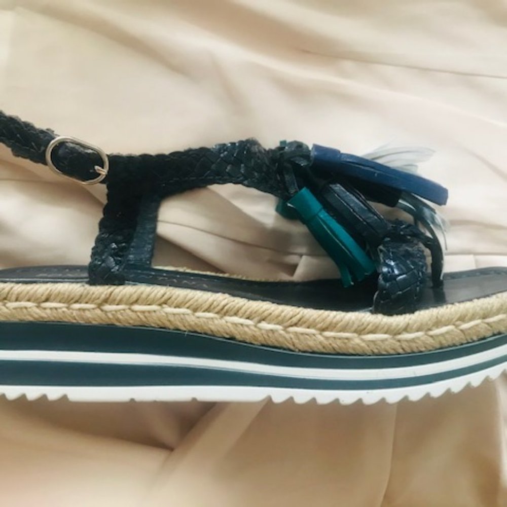 PONS QUINTANA Woven Leather Navy Blue Wedge Sandals